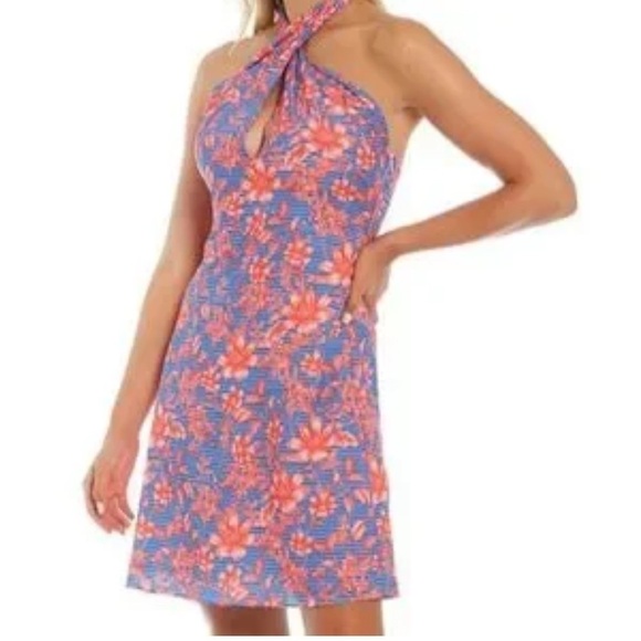 Badgley Mischka Halter Orange Blue Floral Stripe Dress Spring Delilah New - Picture 3 of 11